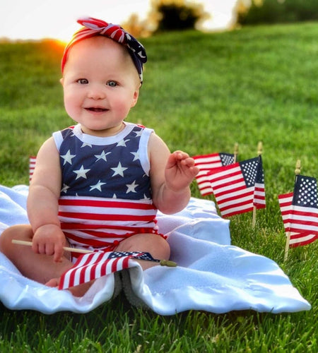 4Th of July Toddler Baby Girl American Flag Tassel Romper with Headband